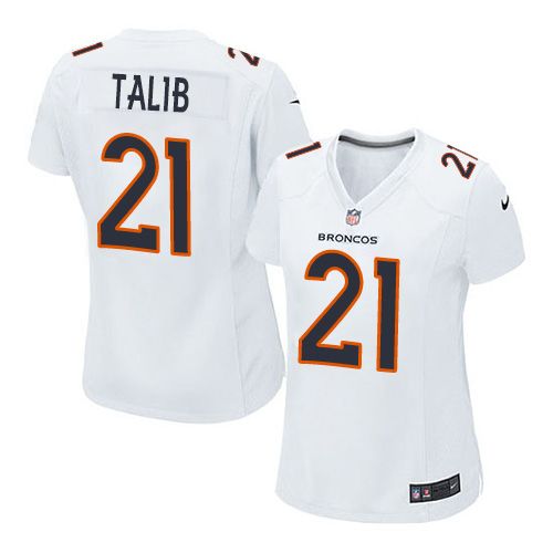 Nike Broncos #21 Aqib Talib White Women's Stitched NFL Game Event Jersey - Click Image to Close